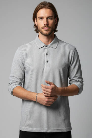 Polo Yaka Düğmeli Çizgili Sweatshirt Haki - Yeni Erkek Giyim