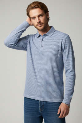 Polo Yaka Düğmeli Çizgili Sweatshirt İndigo 