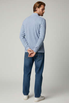 Polo Yaka Düğmeli Çizgili Sweatshirt İndigo - Yeni Erkek Giyim