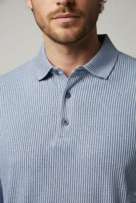 Polo Yaka Düğmeli Çizgili Sweatshirt İndigo - Yeni Erkek Giyim