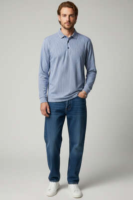 Polo Yaka Düğmeli Çizgili Sweatshirt İndigo - Yeni Erkek Giyim