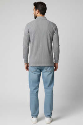 Polo Yaka Düğmeli Çizgili Sweatshirt Lacivert - Erkek Polo Yaka Tişört