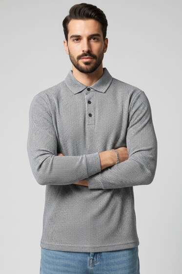 Polo Yaka Düğmeli Çizgili Sweatshirt Lacivert - Yeni Erkek Giyim