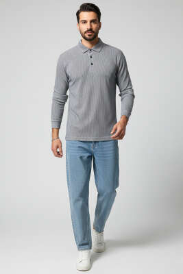 Polo Yaka Düğmeli Çizgili Sweatshirt Lacivert - Yeni Erkek Giyim