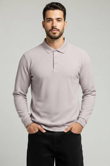 Polo Yaka Düğmeli Çizgili Sweatshirt Taş - Yeni Erkek Giyim