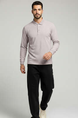 Polo Yaka Düğmeli Çizgili Sweatshirt Taş - Yeni Erkek Giyim