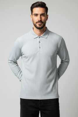 Polo Yaka Düğmeli Çizgili Sweatshirt Yeşil 