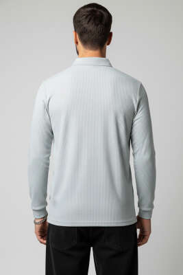 Polo Yaka Düğmeli Çizgili Sweatshirt Yeşil - Erkek Polo Yaka Tişört
