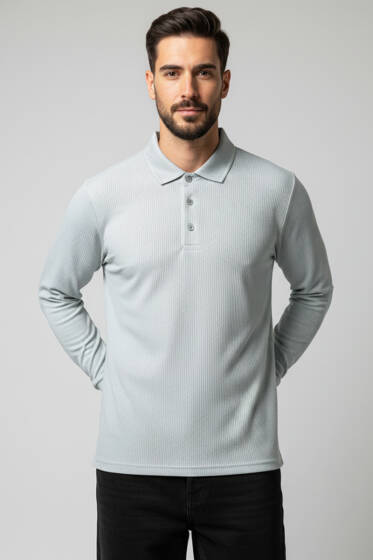 Polo Yaka Düğmeli Çizgili Sweatshirt Yeşil - Yeni Erkek Giyim