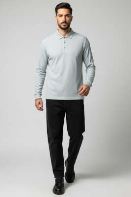 Polo Yaka Düğmeli Çizgili Sweatshirt Yeşil - Yeni Erkek Giyim