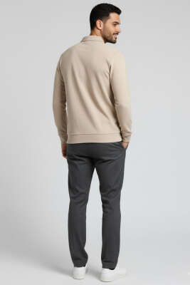 Polo Yaka Düğmeli Erkek Sweatshirt Bej - Erkek Sweatshirt