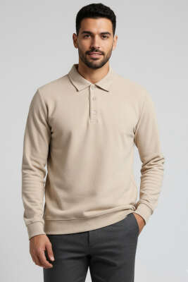Polo Yaka Düğmeli Erkek Sweatshirt Bej 