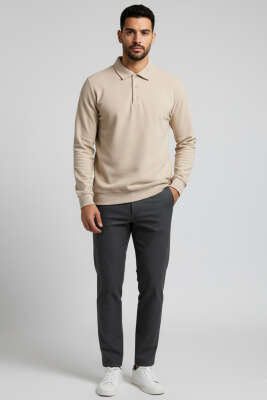 Polo Yaka Düğmeli Erkek Sweatshirt Bej - Tek Kalanlar