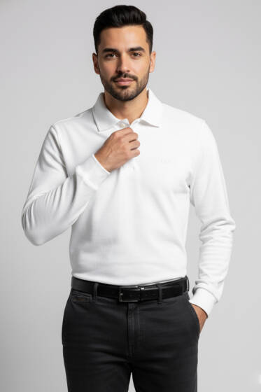 Polo Yaka Düğmeli Erkek Sweatshirt Ekru - Erkek Sweatshirt