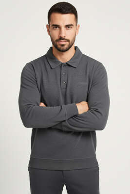 Polo Yaka Düğmeli Erkek Sweatshirt Füme 