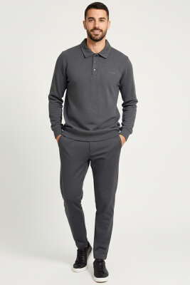 Polo Yaka Düğmeli Erkek Sweatshirt Füme - Erkek Polo Yaka Tişört