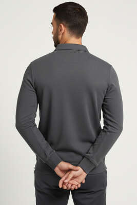 Polo Yaka Düğmeli Erkek Sweatshirt Füme - Erkek Polo Yaka Tişört