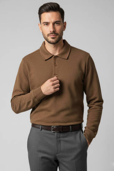 Polo Yaka Düğmeli Erkek Sweatshirt Kahve - Erkek Sweatshirt