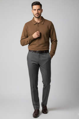 Polo Yaka Düğmeli Erkek Sweatshirt Kahve - Erkek Sweatshirt