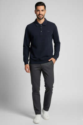Polo Yaka Düğmeli Erkek Sweatshirt Lacivert - Erkek Polo Yaka Tişört