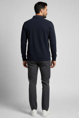 Polo Yaka Düğmeli Erkek Sweatshirt Lacivert - Erkek Polo Yaka Tişört
