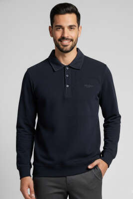 Polo Yaka Düğmeli Erkek Sweatshirt Lacivert 