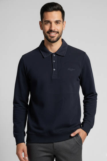 Polo Yaka Düğmeli Erkek Sweatshirt Lacivert - Erkek Sweatshirt