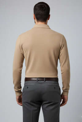 Polo Yaka Düğmeli Erkek Sweatshirt Latte - Erkek Polo Yaka Tişört