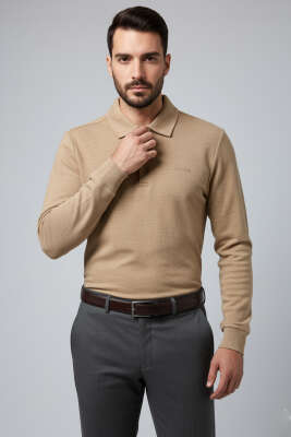 Polo Yaka Düğmeli Erkek Sweatshirt Latte 