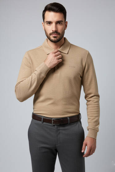 Polo Yaka Düğmeli Erkek Sweatshirt Latte - Erkek Sweatshirt