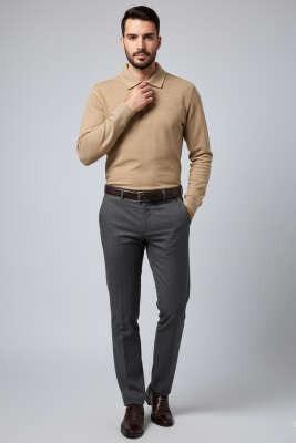 Polo Yaka Düğmeli Erkek Sweatshirt Latte - Erkek Sweatshirt