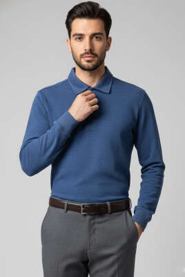 Polo Yaka Düğmeli Erkek Sweatshirt Mavi - Erkek Polo Yaka Tişört
