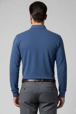 Polo Yaka Düğmeli Erkek Sweatshirt Mavi - Erkek Polo Yaka Tişört