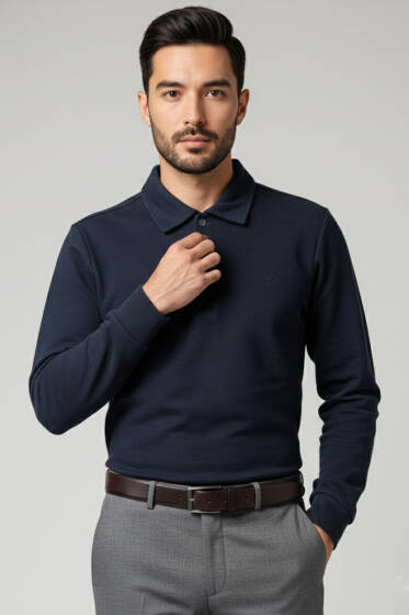 Polo Yaka Düğmeli Erkek Sweatshirt Parlement - Erkek Sweatshirt