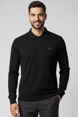 Polo Yaka Düğmeli Erkek Sweatshirt Siyah 
