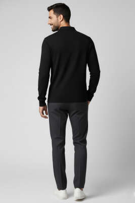 Polo Yaka Düğmeli Erkek Sweatshirt Siyah - Erkek Sweatshirt