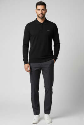 Polo Yaka Düğmeli Erkek Sweatshirt Siyah - Erkek Sweatshirt