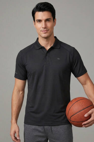 Polo Yaka Düğmeli Erkek T-shirt Siyah - Erkek T-shirt