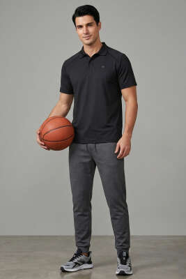 Polo Yaka Düğmeli Erkek T-shirt Siyah - Erkek T-shirt