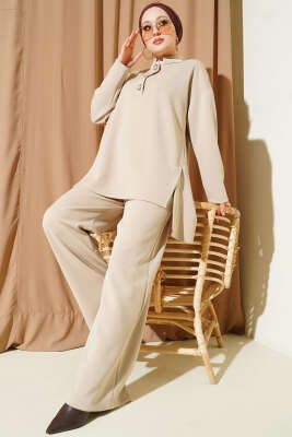 Polo Yaka Düğmeli İkili Takım Bej - ESTELLE