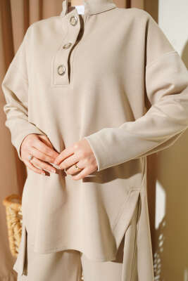 Polo Yaka Düğmeli İkili Takım Bej - İkili Takım