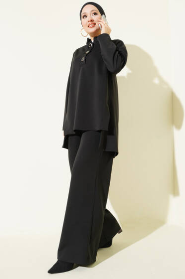 Polo Yaka Düğmeli İkili Takım Siyah - İkili Takım