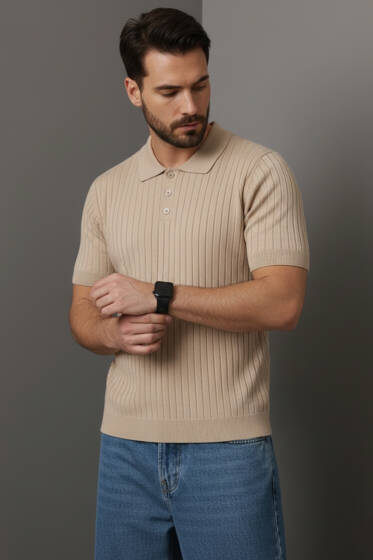 Polo Yaka Düğmeli Merserize T-Shirt Bej - Erkek Polo Yaka Tişört