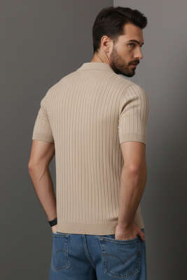 Polo Yaka Düğmeli Merserize T-Shirt Bej - Erkek Polo Yaka Tişört