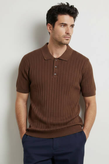 Polo Yaka Düğmeli Merserize T-Shirt Kahve - Erkek Polo Yaka Tişört