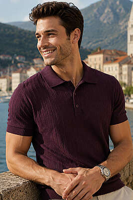 Polo Yaka Düğmeli Merserize T-Shirt Mürdüm - WİPEOUT