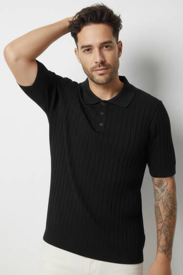 Polo Yaka Düğmeli Merserize T-Shirt Siyah - Erkek Siyah Tişört