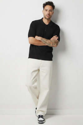 Polo Yaka Düğmeli Merserize T-Shirt Siyah - Erkek T-shirt