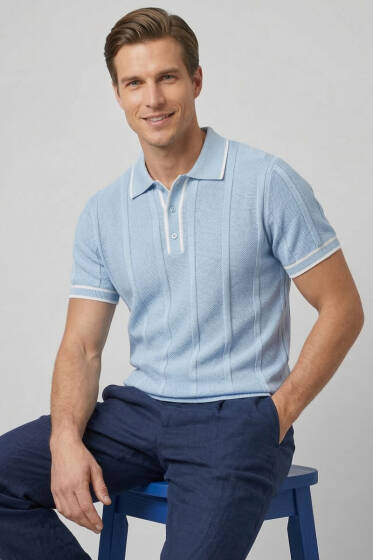 Polo Yaka Düğmeli Örme Erkek T-shirt Bebe Mavi - Erkek T-shirt