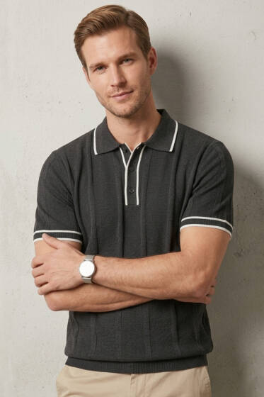 Polo Yaka Düğmeli Örme Erkek T-shirt Füme - Erkek T-shirt